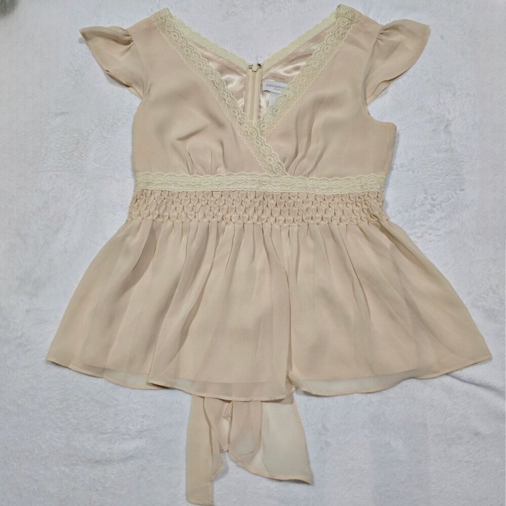Liz Claiborne ✦ Cream Lace Chiffon Wrap Top ✦ Smocked Tie Back Vintage Style 6 - Picture 7 of 14